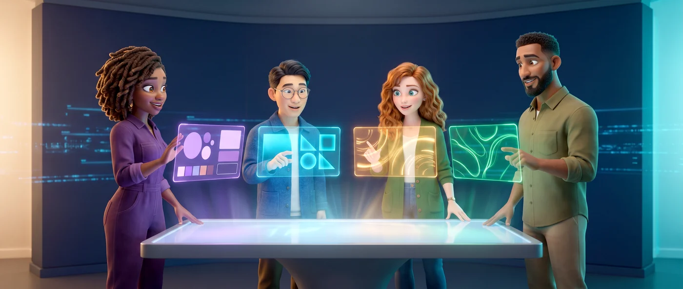 Quatre agents 3D d'AgentMondial autour d'une table holographique, chacun sur une marque différente.