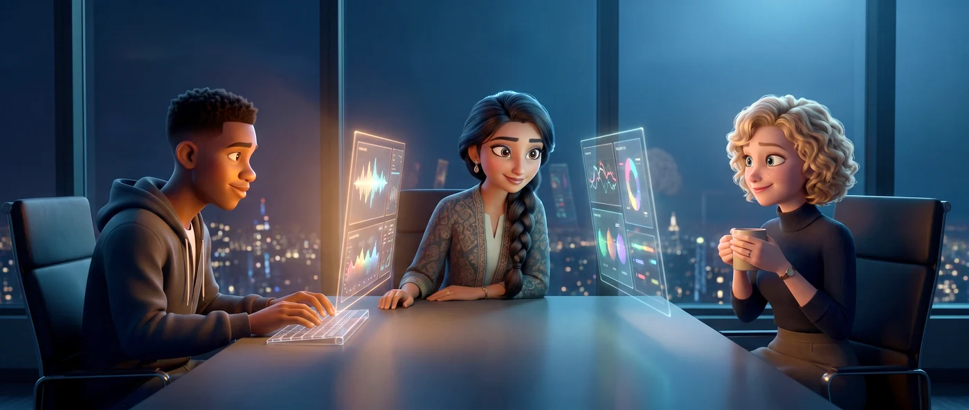 Trois agents 3D d'AgentMondial au travail la nuit, écrans de création allumés.