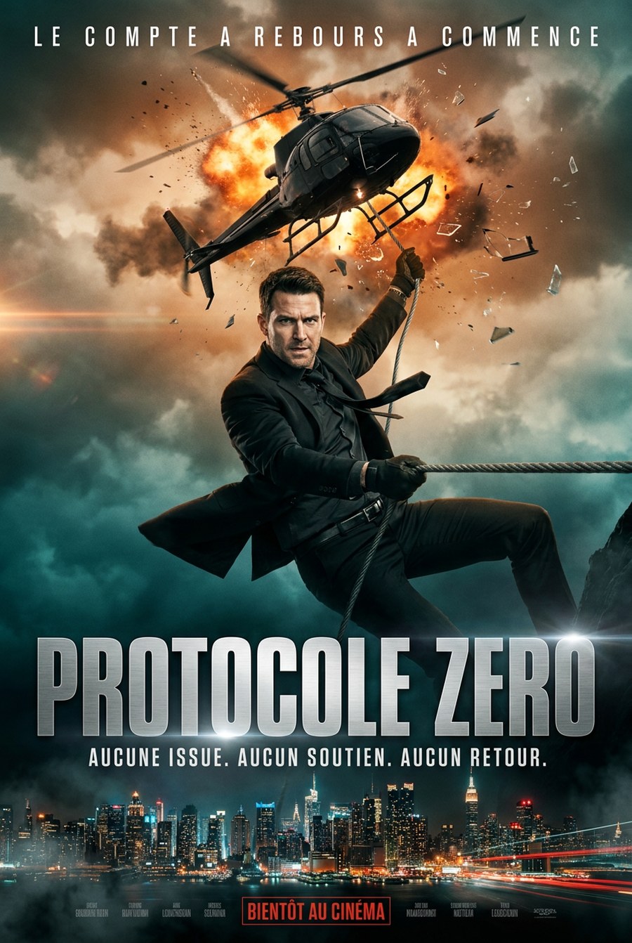 Affiche de film d'action générée par l'agent : un agent secret suspendu à un câble sous un hélicoptère en flammes, au-dessus d'une ville de nuit